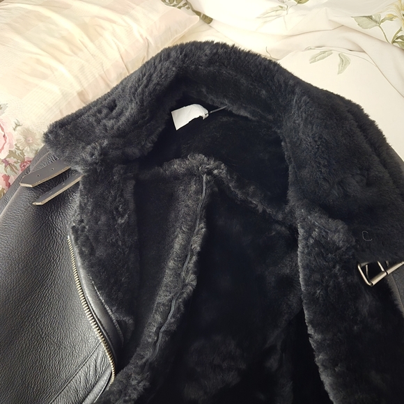shearling leather black oversized goth moto jacket belt buckle sheepskin S - Picture 5 of 6